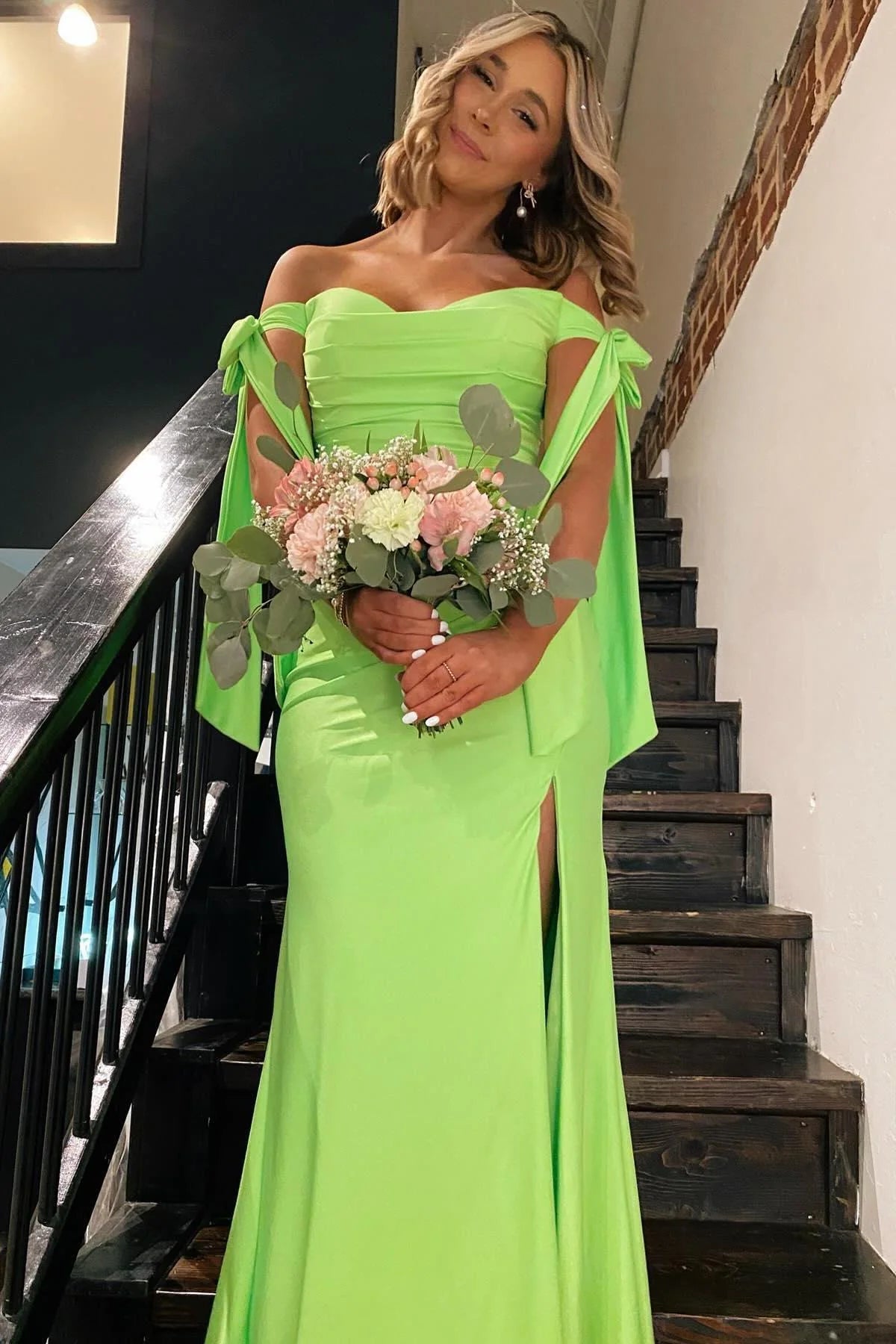 Formal Women's Dresses Off the Shoulder Lemon Green Ruched Mermaid Long Formal Dress With Slit Prom Dress Prom Dress In Store